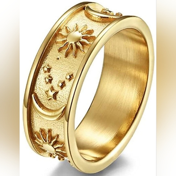 Sun Moon Stars Gold Plated Celestial Statement Stainless Steel Unisex Ring - Picture 2 of 3